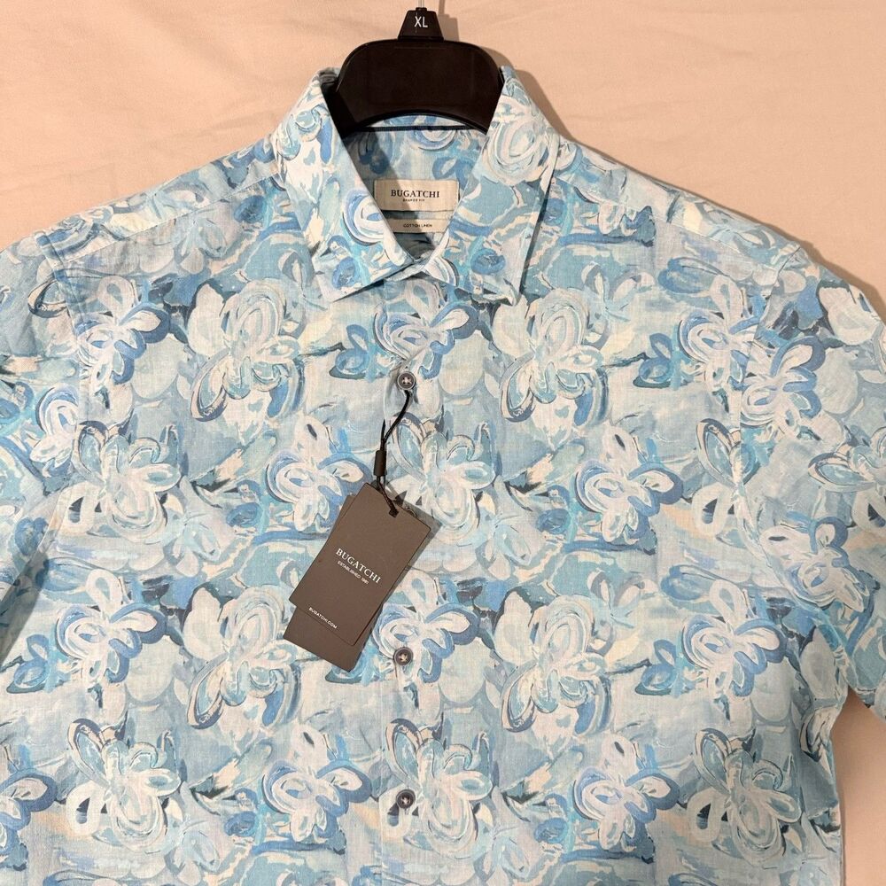 Bugatchi Shirt Men’s Cotton-Linen Orson Floral Short-Sleeve Teal Medium NWT